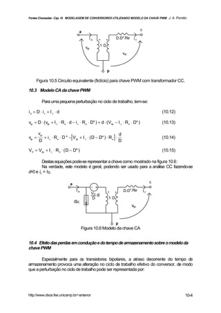 Fontes Chaveadas - Cap. 10 MODELAGEM DE CONVERSORES UTILIZANDO MODELO DA CHAVE PWM J. A. Pomilio



                                      a                                                     c

                                              ia        . .             D.D*.Re        ic

                                            vap          1: D

                                                                                vcp



                                                                p

     Figura 10.5 Circuito equivalente (fictício) para chave PWM com transformador CC.

10.3 Modelo CA da chave PWM

          Para uma pequena perturbação no ciclo de trabalho, tem-se:

ia = D ⋅ ic + I c ⋅ d                                                                                    (10.12)

vcp = D ⋅ ( vap + I c ⋅ R e ⋅ d − i c ⋅ R e ⋅ D* ) + d ⋅ ( Vap − I c ⋅ R e ⋅ D* )                        (10.13)


                                [                                   ]
        vcp                                                                 d
vap =         + i c ⋅ R e ⋅ D * − V ap + I c ⋅ ( D − D* ) ⋅ R e ⋅                                        (10.14)
        D                                                                   D

V D = Vap + I c ⋅ R e ⋅ ( D − D* )                                                                       (10.15)

        Destas equações pode-se representar a chave como mostrado na figura 10.6:
        Na verdade, este modelo é geral, podendo ser usado para a análise CC fazendo-se
d=0 e ic = Ic.

                                a                                                                    c
                                                  - +
                                     ia
                                                  VD d
                                                                . .             D.D*.Re         ic
                                                  D             1: D
                                    d.
                                     Ic
                                                                                      vcp


                                                                        p
                                          Figura 10.6 Modelo da chave CA


10.4 Efeito das perdas em condução e do tempo de armazenamento sobre o modelo da
chave PWM

       Especialmente para os transistores bipolares, a atraso decorrente do tempo de
armazenamento provoca uma alteração no ciclo de trabalho efetivo do conversor, de modo
que a perturbação no ciclo de trabalho pode ser representada por:




http://www.dsce.fee.unicamp.br/~antenor                                                                            10-4
 