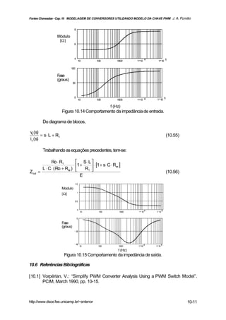 Fontes Chaveadas - Cap. 10 MODELAGEM DE CONVERSORES UTILIZANDO MODELO DA CHAVE PWM J. A. Pomilio


                                 8

                   Módulo
                    [Ω]
                                 6




                                 4                                         4              5
                                         10    100        1000     1 10          1 10

                             100

                   Fase
                   (graus)
                                50




                                 0                                                        5
                                         10    100        1000     1 10 4       1 10

                                                      f (Hz)
                      Figura 10.14 Comportamento da impedância de entrada.

          Do diagrama de blocos,

vo (s)
        = s⋅ L + R1                                                                           (10.55)
i c (s)

          Trabalhando as equações precedentes, tem-se:

              Ro ⋅ R1           S⋅ L 
                             ⋅ 1 +     ⋅ [1 + s⋅ C ⋅ Rse ]
         L ⋅ C ⋅ ( Ro + Rse )      R1 
Zout   =                                                                                      (10.56)
                                  E
                                 1.5

                      Módulo
                      [Ω]            1


                                 0.5


                                     0                                     4          5
                                          10    100        1000     1 10       1 10


                                     0

                      Fase
                      (graus)
                                     20




                                     40                                    4          5
                                          10    100        1000     1 10       1 10
                                                          f (Hz)
                       Figura 10.15 Comportamento da impedância de saída.

10.6 Referências Bibliográficas

[10.1] Vorpérian, V.: “Simplify PWM Converter Analysis Using a PWM Switch Model”.
       PCIM, March 1990, pp. 10-15.



http://www.dsce.fee.unicamp.br/~antenor                                                                 10-11
 