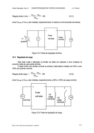 Fontes Chaveadas - Cap. 12   CARACTERIZAÇÃO DE FONTES CHAVEADAS                      J. A. Pomilio



                             Vomax − Vomin
Regulaç ã de Linha =
        o                                  ⋅ 100                                  (12.1)
                               Voideal

onde Vomax e Vomin são medidas, respectivamente, à máxima e mínima tensão de entrada.



                                                   +               +

                                                       Fonte
                                                                        Carga
               Vi                     V                sob teste        nominal    Vo
             ajustável

                                                   -               -


                              Figura 12.3 Teste de regulação de linha.

12.4 Regulação de carga

        Este teste mede a alteração na tensão de saída em resposta a uma mudança na
corrente média de cada saída da fonte.
        O teste é feito com tensão nominal na entrada. Cada saída é medida com 50% e com
100% da corrente nominal.

                             Vomax − Vomin
Regulaç ã de carga =
         o                                 ⋅ 100                                  (12.2)
                               Voideal

onde Vomax e Vomin são medidas, respectivamente, a 50% e 100% da carga nominal.


                               +               +

                                   Fonte
                                                        1/2
              Vi                   sob teste            carga          1/2         Vo
                 nominal                               nominal
                                                                       carga
                                                                       nominal
                              -                -

                              Figura 12.4 Teste de regulação de carga.




http://www.dsce.fee.unicamp.br/~antenor                                                          12-3
 