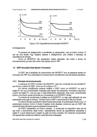 Fontes Chaveadas - Cap. 1        COMPONENTES SEMICONDUTORES RÁPIDOS DE POTÊNCIA            J. A. Pomilio



                  C (nF)
                                                                C (nF)

          4
                                           Ciss         4
                                                                                   Cgs
          3
                                                        3
                                           Coss                                    Cds
          2
                                                        2
          1
                                           Crss         1                          Cgd
          0
                                                        0
              0     10      20       30    40 Vds (V)       0     10     20   30   40    Vds (V)

                            Figura 1.26. Capacitâncias de transistor MOSFET

b) Desligamento

        O processo de desligamento é semelhante ao apresentado, mas na ordem inversa. O
uso de uma tensão Vgg negativa apressa o desligamento, pois acelera a descarga da
capacitância de entrada.
        Como os MOSFETs não apresentam cargas estocadas, não existe o tempo de
armazenamento, por isso são muito mais rápidos que os TBP.


1.5 IGBT (Insulated Gate Bipolar Transistor)

      O IGBT alia a facilidade de acionamento dos MOSFET com as pequenas perdas e       m
condução dos TBP. Sua velocidade de chaveamento é semelhante à dos transistores bipolares.


1.5.1 Princípio de funcionamento
        A estrutura do IGBT é similar à do MOSFET, mas com a inclusão de uma camada P+
que forma o coletor do IGBT, como se vê na figura 1.27.
        Em termos simplificados pode-se analisar o IGBT como um MOSFET no qual a
região N- tem sua condutividade modulada pela injeção de portadores minoritários (lacunas),
a partir da região P+, uma vez que J1 está diretamente polarizada. Esta maior condutividade
produz uma menor queda de tensão em comparação a um MOSFET similar.
        O controle de componente é análogo ao do MOSFET, ou seja, pela aplicação de uma
polarização entre gate e emissor. Também para o IGBT o acionamento é feito por tensão.
        A máxima tensão suportável é determinada pela junção J2 (polarização direta) e por J1
(polarização reversa). Como J1 divide 2 regiões muito dopadas, conclui-se que um IGBT não
suporta tensões elevadas quando polarizado reversamente.
        Os IGBTs apresentam um tiristor parasita. A construção do dispositivo deve ser tal
que evite o acionamento deste tiristor, especialmente devido às capacitâncias associadas à
região P, a qual relaciona-se à região do gate do tiristor parasita. Os modernos componentes
não apresentam problemas relativos a este elemento indesejado.

http://www.dsce.fee.unicamp.br/~antenor                                                               1-19
 