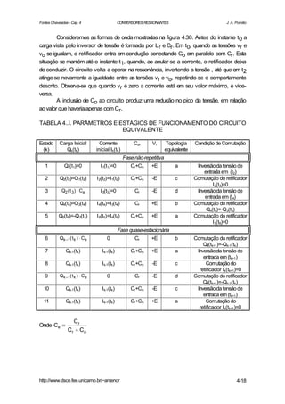 Fontes Chaveadas - Cap. 4                      CONVERSORES RESSONANTES                             J. A. Pomilio


        Consideremos as formas de onda mostradas na figura 4.30. Antes do instante t0 a
carga vista pelo inversor de tensão é formada por L r e Cr. Em t0, quando as tensões vr e
vo se igualam, o retificador entra em condução conectando Co em paralelo com Cr. Esta
situação se mantém até o instante t1, quando, ao anular-se a corrente, o retificador deixa
de conduzir. O circuito volta a operar na ressonância, invertendo a tensão , até que em t2
atinge-se novamente a igualdade entre as tensões vr e vo, repetindo-se o comportamento
descrito. Observe-se que quando vr é zero a corrente está em seu valor máximo, e vice-
versa.
        A inclusão de Co ao circuito produz uma redução no pico da tensão, em relação
ao valor que haveria apenas com Cr.

TABELA 4..I. PARÂMETROS E ESTÁGIOS DE FUNCIONAMENTO DO CIRCUITO
                           EQUIVALENTE

Estado      Carga Inicial         Corrente            Con     Vi       Topologia     Condição de Comutação
 (k)           Qk(tk)           inicial Ik(tk)                         equivalente
                                                 Fase não-repetitiva
   1          Q1(t1)=0            I 1(t1)=0          Cr+Co    +E           a          Inversão da tensão de
                                                                                         entrada em (t2)
   2        Q2(t2)=Q1(t2)       I 2(t2)=I1(t2)       Cr+Co    -E           c         Comutação do retificador
                                                                                             I 2(t3)=0
   3         Q2 ( t 3 ) ⋅ Ce      I 3(t3)=0           Cr      -E           d          Inversão da tensão de
                                                                                         entrada em (t4)
   4        Q4(t4)=Q3(t4)       I 4(t4)=I3(t4)        Cr      +E           b         Comutação do retificador
                                                                                          Q4(t5)=-Q3(t3)
   5       Q5(t5)=-Q3(t3)       I 5(t5)=I4(t5)       Cr+Co    +E           a         Comutação do retificador
                                                                                             I 5(t6)=0
                                               Fase quase-estacionária
   6        Qk −1( t k ) ⋅ Ce         0               Cr      +E           b         Comutação do retificador
                                                                                         Qk(tk+1)=-Qk-1(tk)
   7           Qk-1(tk)            I k-1(tk)         Cr+Co    +E           a          Inversão da tensão de
                                                                                         entrada em (tk+1)
   8           Qk-1(tk)            I k-1(tk)         Cr+Co    -E           c               Comutação do
                                                                                       retificador Ik(tk+1)=0
   9        Qk −1( t k ) ⋅ Ce         0               Cr      -E           d         Comutação do retificador
                                                                                         Qk(tk+1)=-Qk-1(tk)
  10           Qk-1(tk)            I k-1(tk)         Cr+Co    -E           c          Inversão da tensão de
                                                                                         entrada em (tk+1)
  11           Qk-1(tk)            I k-1(tk)         Cr+Co    +E           a              Comutação do
                                                                                       retificador Ik(tk+1)=0

                   Cr
Onde Ce =
                 Cr + Co




http://www.dsce.fee.unicamp.br/~antenor                                                                  4-18
 