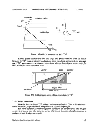 Fontes Chaveadas - Cap. 1   COMPONENTES SEMICONDUTORES RÁPIDOS DE POTÊNCIA               J. A. Pomilio




                    saturação    quase-saturação
               Ic

                                                                        R
        Vcc/R
                                                              Ib

                                       região ativa                                       Vcc
                                                                                Vce




                                                    corte

                                                    Vcc     Vce

                            Figura 1.9 Região de quase-saturação do TBP.

       É claro que no desligamento toda esta carga terá que ser removida antes do efetivo
bloqueio do TBP, o que sinaliza a importância do ótimo circuito de acionamento de base para
que o TBP possa operar numa situação que minimize a tempo de desligamento e a dissipação
de potência (associada ao valor de Vce).

                                          Coletor                  Base        Emissor

                                N+           N-                    P            N+


                                                         quase-           e-
                                                       saturação

                                                         região ativa
                    saturação                         base virtual

                      Figura 1.10 Distribuição da carga estática acumulada no TBP


1.3.5 Ganho de corrente
       O ganho de corrente dos TBP varia com diversos parâmetros (Vce, Ic, temperatura),
sendo necessário, no projeto, definir adequadamente o ponto de operação.
       Em baixas correntes, a recombinação dos portadores em trânsito leva a uma redução
no ganho, enquanto para altas correntes tem-se o fenômeno da quase-saturação reduzindo o
ganho, como explicado anteriormente.


http://www.dsce.fee.unicamp.br/~antenor                                                                  1-8
 