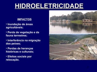 HIDROELETRICIDADE   IMPACTOS Inundação de áreas agricultáveis; Perda de vegetação e da fauna terrestres; Interferência na migração dos peixes; Perdas de heranças históricas e culturais; Efeitos sociais por relocação. 