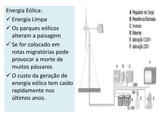Energia Eólica:
 Energia Limpa
 Os parques eólicos
  alteram a paisagem
 Se for colocado em
  rotas migratórias pode
  provocar a morte de
  muitos pássaros
 O custo da geração de
  energia eólica tem caído
  rapidamente nos
  últimos anos.
 