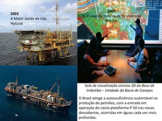 2005
2003
                         Os Primeiros Indícios de Petróleo no
A Maior Jazida de Gás
                                        Pré-Sal
Natural




                           Sala de visualização sísmica 3D da Base de
                            Imbetiba – Unidade da Bacia de Campos
                        O Brasil atinge a autossuficiência sustentável na
                        produção de petróleo, com a entrada em
                        operação do navio-plataforma P-50 nas novas
                        descobertas, ocorridas em águas cada vez mais
                        profundas.
 