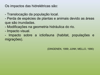 Os impactos das hidrelétricas são:
- Translocação da população local.
- Perda de espécies de plantas e animais devido as áreas
que são inundadas.
- Modificações na geometria hidráulica do rio.
- Impacto visual.
- Impacto sobre a ictiofauna (habitat, populações e
migrações).
(DINGENEN, 1999; JUNK; MELLO, 1990)
 
