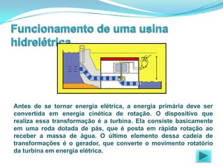 Antes de se tornar energia elétrica, a energia primária deve ser
convertida em energia cinética de rotação. O dispositivo que
realiza essa transformação é a turbina. Ela consiste basicamente
em uma roda dotada de pás, que é posta em rápida rotação ao
receber a massa de água. O último elemento dessa cadeia de
transformações é o gerador, que converte o movimento rotatório
da turbina em energia elétrica.

 