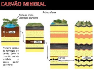 Apresentação elaborada pela Professora FERNANDA BRUM LOPES - Geografia
Primeiro estágio
de formação do
carvão (leve e
com alto teor de
umidade e
pouco poder
calorífero)
 
