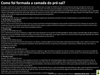 Apresentação elaborada pela Professora FERNANDA BRUM LOPES - Geografia
Ela surgiu a partir de um riquíssimo depósito de matéria orgânica que, ao longo de milhões de anos, foi prensado por grossas camadas de rocha e sal,
transformando-se em petróleo. O estrato do pré-sal está a cerca de 7 mil metros de profundidade, ocupando uma faixa de 800 quilômetros do litoral
brasileiro que se estende de Santa Catarina ao Espírito Santo. Estima-se que lá estejam guardados cerca de 80 bilhões de barris de petróleo e gás, o que deixa
o Brasil na privilegiada posição de sexto maior detentor de reservas no mundo, atrás apenas de Arábia Saudita, Irã, Iraque, Kuwait e Emirados Árabes. Confira
a seguir como se deu o longo processo de formação dessa preciosa mina de petróleo.
Panela de pressão
Ao longo de milhões de anos, um gigantesco caldo de matéria orgânica foi submetido a pressões incríveis, transformando-se no petróleo do pré-sal
1. No princípio era o Gondwana
Quando: Há 135 milhões de anos
África e América do Sul faziam parte de um único e imenso continente chamado Gondwana (a outra porção continental da Terra chamava-se Laurásia). Em
virtude das forças de convecção causadas pelo resfriamento do magma, as placas tectônicas começaram a se afastar provocando uma fratura entre os dois
atuais continentes. Além disso, houve intensa atividade vulcânica
2. Grandes lagos
Quando: Há 130 milhões de anos
Com o afastamento das placas tectônicas, as águas das chuvas passaram a se acumular nas falhas geológicas, dando origem a grandes lagos de água salobra e
quente (por causa da atividade vulcânica). Fundos e com baixo nível de oxigenação, esses lagos acabaram se transformando em grandes depósitos de matéria
orgânica, como folhas e animais mortos, que também se acumulavam em seu interior
3. Mistura fina
Quando: Há 120 milhões de anos
Enquanto os continentes lentamente continuavam a se afastar, a matéria orgânica foi se misturando a partículas finas de argila, areia, calcário e conchas. Esta
mistureba toda deu origem a uma grande camada de rocha sedimentar porosa, na qual ficou armanezado o material que, milhões de anos mais tarde, se
transformou em petróleo
4. O lago vai virar mar
Quando: Entre 115 a 110 milhões de anos
Com o afastamento maior das placas, as águas oceânicas invadiram o lago, formando um grande mar interior, estreito, comprido e com pouca circulação de
água, semelhante ao Mar Vermelho. Em virtude da evaporação da água, formou-se uma espessa camada de sal, com mais de 2 mil metros de espessura, que
cobriu o denso depósito de matéria orgânica
5. Petróleo à vista!
Quando: 20 a 30 milhões de anos
Ao longo desses milhões de anos, o mar expandiu-se de vez e os sedimentos de rocha depositados sobre a camada de sal acabaram formando o leito do
oceano Atlântico. Soterrada abaixo desses gigantescos blocos de rocha e de sal, a matéria orgânica sofreu enorme pressão, transformando-se, por fim, no
petróleo da camada pré-sal. A quase 7 mil metros de profundidade, o óleo dessas áreas é bem mais puro: sofreu pouca ação das bactérias, que dificilmente
sobrevivem à temperatura local de mais de 100 ºC
A camada de sal é impermeável, mas tem falhas geológicas. Através dessas fissuras, cujas porosidades são preenchidas por água, parte do petróleo do pré-sal
acaba subindo e fixando-se em bolsões da camada de rocha. Em locais como esses é que se encontram algumas das jazidas de petróleo oceânicas já
exploradas, como as da bacia de Campos (RJ)
http://mundoestranho.abril.com.br/materia/como-foi-formada-a-camada-do-presal
Como foi formada a camada do pré-sal?
 