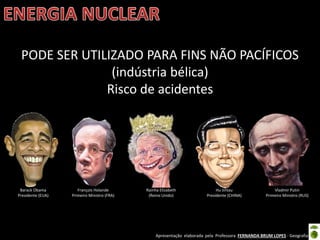 Apresentação elaborada pela Professora FERNANDA BRUM LOPES - Geografia
PODE SER UTILIZADO PARA FINS NÃO PACÍFICOS
(indústria bélica)
Risco de acidentes
Barack Obama
Presidente (EUA)
François Holande
Primeiro Ministro (FRA)
Rainha Elizabeth
(Reino Unido)
Hu Jintau
Presidente (CHINA)
Vladmir Putin
Primeiro Ministro (RUS)
 