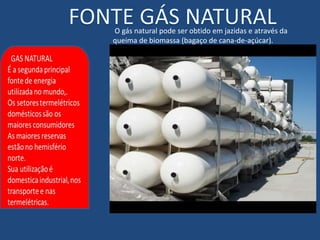 O gás natural pode ser obtido em jazidas e através da 
queima de biomassa (bagaço de cana-de-açúcar). 
 