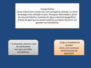 Energia hídrica 
Como o Brasil tem muitos rios, com variação de altitude, é a fonte 
de energia mais utilizada no país. Para gerar eletricidade a partir 
de recursos hídricos, é preciso ter água e desníveis geográficos. 
A força da água que cai aciona turbinas que fazem funcionar um 
gerador nas hidrelétricas 
+ É renovável, não tem custo 
de combustível 
nem gera emissões 
atmosféricas. 
_Exige a inundação de 
grandes 
áreas, com eventuais 
deslocamentos de 
população. 
 