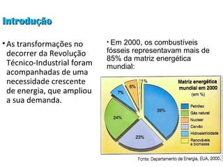 IntroduçãoIntrodução
•As transformações no
decorrer da Revolução
Técnico-Industrial foram
acompanhadas de uma
necessidade crescente
de energia, que ampliou
a sua demanda.
• Em 2000, os combustíveis
fósseis representavam mais de
85% da matriz energética
mundial:
 
