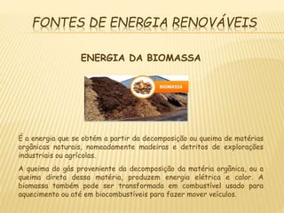 FONTES DE ENERGIA RENOVÁVEIS
ENERGIA DA BIOMASSA
É a energia que se obtém a partir da decomposição ou queima de matérias
orgânicas naturais, nomeadamente madeiras e detritos de explorações
industriais ou agrícolas.
A queima do gás proveniente da decomposição da matéria orgânica, ou a
queima direta dessa matéria, produzem energia elétrica e calor. A
biomassa também pode ser transformada em combustível usado para
aquecimento ou até em biocombustíveis para fazer mover veículos.
 