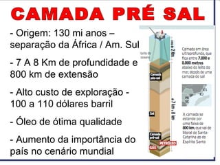 - Origem: 130 mi anos –
separação da África / Am. Sul
- 7 A 8 Km de profundidade e
800 km de extensão
- Alto custo de exploração -
100 a 110 dólares barril
- Óleo de ótima qualidade
- Aumento da importância do
país no cenário mundial
 