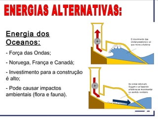 Energia dos
Oceanos:
- Força das Ondas;
- Noruega, França e Canadá;
- Investimento para a construção
é alto;
- Pode causar impactos
ambientais (flora e fauna).
 