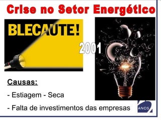 Causas:Causas:
- Estiagem - Seca
- Falta de investimentos das empresas
 
