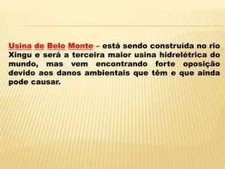 Usina de Belo Monte – está sendo construída no rio
Xingu e será a terceira maior usina hidrelétrica do
mundo, mas vem encontrando forte oposição
devido aos danos ambientais que têm e que ainda
pode causar.
 