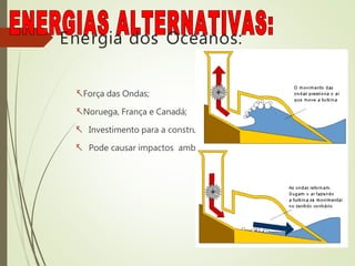 Energia dos Oceanos:
Força das Ondas;
Noruega, França e Canadá;
 Investimento para a construção é alto;
 Pode causar impactos ambientais (flora e fauna).
 