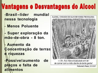 -Brasil –líder mundial
nessa tecnologia
- Menos Poluente
- Super exploração da
mão-de-obra - 8 ton.
- Aumento da
Concentração de terras
e riquezas
-Possívelaumento de
preços e falta de
alimentos
 