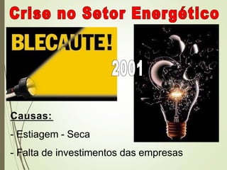 Causas:
- Estiagem - Seca
- Falta de investimentos das empresas
 
