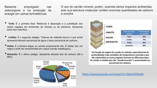 • Turfa: É a primeira fase. Refere-se à deposição e à putrefação dos
restos vegetais em ambientes de várzeas ou de pântanos. Apresenta
baixo teor calorífico.
• Linhito: É o segundo estágio. Trata-se de material escuro e que ainda
apresenta elevado percentual de água e baixo percentual de carbono.
• Hulha: É a terceira etapa, ou carvão propriamente dito. É sólida, tem cor
negra e pode ser transformada em coque (carvão metalúrgico).
• Antracito: É o último estágio. Apresenta elevado teor de carbono (90 a
96%)
O uso do carvão mineral, porém, acarreta sérios impactos ambientais,
pois sua estrutura molecular contém enormes quantidades de carbono
e enxofre
Bastante empregado nas
siderúrgicas e na produção de
energia em usinas termelétricas.
https://www.youtube.com/watch?v=5kduC0ZOwNI
 