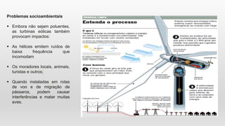 Problemas socioambientais
 Embora não sejam poluentes,
as turbinas eólicas também
provocam impactos:
 As hélices emitem ruídos de
baixa frequência que
incomodam
 Os moradores locais, animais,
turistas e outros;
 Quando instaladas em rotas
de voo e de migração de
pássaros, podem causar
interferências e matar muitas
aves.
 