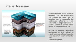 Pré-sal brasileiro
A camada pré-sal é uma formação
geológica de aproximadamente
150 milhões de anos, que se
constituiu com a separação dos
continentes africano e sul-
americano ao longo das bacias de
Santos, Campos e Espírito Santo,
abaixo de uma camada de sal.
As maiores reservas petrolíferas
conhecidas em área pré-sal no
mundo ocorrem no litoral brasileiro,
onde passaram a ser conhecidas
como
“petróleo do pré-sal”.
 