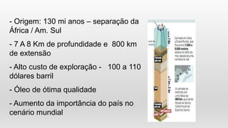 - Origem: 130 mi anos – separação da
África / Am. Sul
- 7 A 8 Km de profundidade e 800 km
de extensão
- Alto custo de exploração - 100 a 110
dólares barril
- Óleo de ótima qualidade
- Aumento da importância do país no
cenário mundial
 