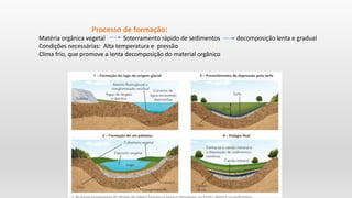 Processo de formação:
Matéria orgânica vegetal Soterramento rápido de sedimentos decomposição lenta e gradual
Condições necessárias: Alta temperatura e pressão
Clima frio, que promove a lenta decomposição do material orgânico
 