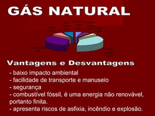 - baixo impacto ambiental
- facilidade de transporte e manuseio
- segurança
- combustível fóssil, é uma energia não renovável,
portanto finita.
- apresenta riscos de asfixia, incêndio e explosão.
 