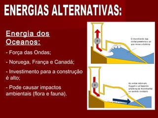Energia dos
Oceanos:
- Força das Ondas;
- Noruega, França e Canadá;
- Investimento para a construção
é alto;
- Pode causar impactos
ambientais (flora e fauna).
 