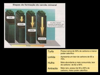 Turfa Possui cerca de 59% de carbono e menor
poder calorífico
Linhita Apresenta um teor de carbono de 65 a
75%
Hulha Mais abundante e mais consumida, teor
de carbono de 82 a 90%
Antracito Mais raro, possui de 90 a 95% de
carbono, maior poder calorífico
 