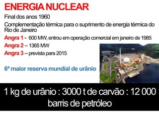ENERGIANUCLEAR
Final dos anos 1960
Complementação térmica para o suprimento de energia térmica do
Rio de Janeiro
Angra 1 - 600 MW,entrou em operação comercial em janeiro de1985
Angra 2 – 1365 MW
Angra 3 – prevista para 2015
6ª maior reserva mundial de urânio
1kgdeurânio:3000tdecarvão:12000
barrisdepetróleo
 