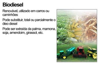 Biodiesel
Renovável, utilizado em carros ou
caminhões
Pode substituir, total ou parcialmente o
óleo diesel
Pode ser extraída da palma, mamona,
soja, amendoim, girassol, etc.
 