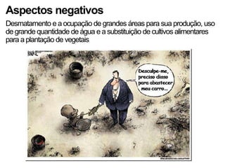 Aspectos negativos
Desmatamento e aocupação de grandes áreas para sua produção, uso
de grande quantidade de água e asubstituição de cultivos alimentares
para aplantação de vegetais
 