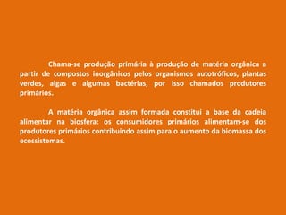 Chama-se produção primária à produção de matéria orgânica a
partir de compostos inorgânicos pelos organismos autotróficos, plantas
verdes, algas e algumas bactérias, por isso chamados produtores
primários.
A matéria orgânica assim formada constitui a base da cadeia
alimentar na biosfera: os consumidores primários alimentam-se dos
produtores primários contribuindo assim para o aumento da biomassa dos
ecossistemas.
 