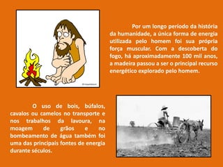 Por um longo período da história
da humanidade, a única forma de energia
utilizada pelo homem foi sua própria
força muscular. Com a descoberta do
fogo, há aproximadamente 100 mil anos,
a madeira passou a ser o principal recurso
energético explorado pelo homem.
O uso de bois, búfalos,
cavalos ou camelos no transporte e
nos trabalhos da lavoura, na
moagem de grãos e no
bombeamento de água também foi
uma das principais fontes de energia
durante séculos.
 