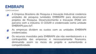 EMBRAPII
# A Empresa Brasileira de Pesquisa e Inovação Industrial credencia
unidades de pesquisa (unidades EMBRAPII) para desenvolver
projetos de Pesquisa, Desenvolvimento e Inovação (PD&I) em
parceria com a indústria. O CESAR é credenciado como unidade
EMBRAPII para IoT.
As empresas dividem os custos com as unidades EMBRAPII
credenciadas.
Os recursos investidos pela EMBRAPII são não reembolsáveis e a
contrapartida das empresas é necessariamente financeira,
diminuindo assim os riscos do projeto e aumentando a
competitividade.
#
#
COMO FUNCIONA?
 