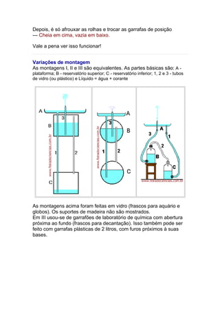 Depois, é só afrouxar as rolhas e trocar as garrafas de posição
--- Cheia em cima, vazia em baixo.
Vale a pena ver isso funcionar!
Variações de montagem
As montagens I, II e III são equivalentes. As partes básicas são: A -
plataforma; B - reservatório superior; C - reservatório inferior; 1, 2 e 3 - tubos
de vidro (ou plástico) e Líquido = água + corante
As montagens acima foram feitas em vidro (frascos para aquário e
globos). Os suportes de madeira não são mostrados.
Em III usou-se de garrafões de laboratório de química com abertura
próxima ao fundo (frascos para decantação). Isso também pode ser
feito com garrafas plásticas de 2 litros, com furos próximos à suas
bases.
 