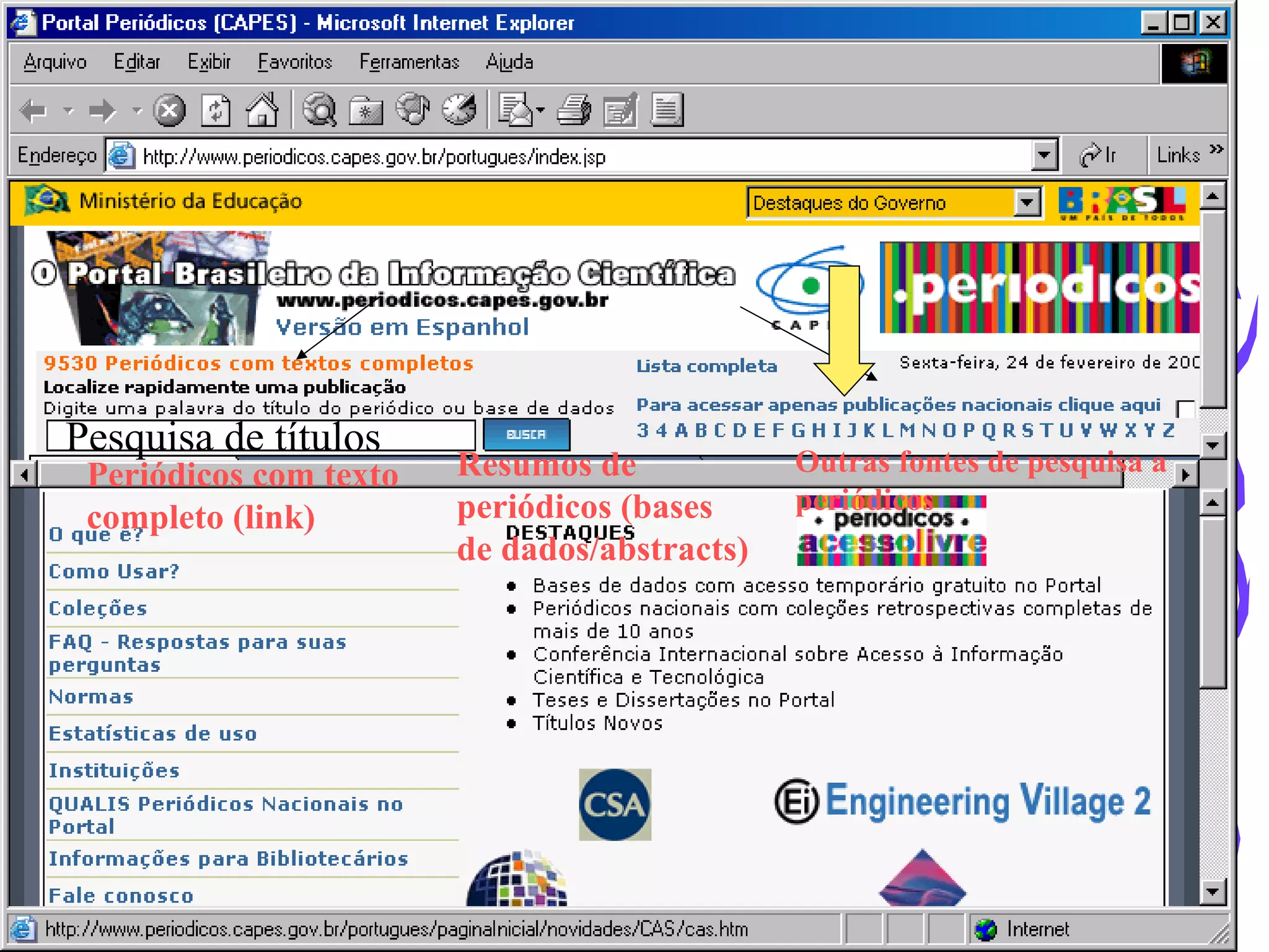 Periódicos com texto completo (link) Resumos de periódicos (bases de dados/abstracts) Outras fontes de pesquisa a periódicos Pesquisa de títulos 