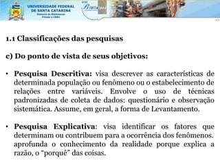 1.1 Classificações das pesquisas

c) Do ponto de vista de seus objetivos:

• Pesquisa Descritiva: visa descrever as características de
  determinada população ou fenômeno ou o estabelecimento de
  relações entre variáveis. Envolve o uso de técnicas
  padronizadas de coleta de dados: questionário e observação
  sistemática. Assume, em geral, a forma de Levantamento.

• Pesquisa Explicativa: visa identificar os fatores que
  determinam ou contribuem para a ocorrência dos fenômenos.
  aprofunda o conhecimento da realidade porque explica a
  razão, o “porquê” das coisas.
 