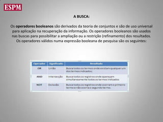 A BUSCA:

Os operadores booleanos são derivados da teoria de conjuntos e são de uso universal
 para aplicação na recuperação da informação. Os operadores booleanos são usados
 nas buscas para possibilitar a ampliação ou a restrição (refinamento) dos resultados.
   Os operadores válidos numa expressão booleana de pesquisa são os seguintes:
 