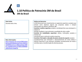 1.10 Política de Patrocínio 3M do Brasil
3M do Brasil
12
Data limite:
Durante todo o Ano.
Política de Patrocínio
A 3M direcionará seus investimentos no segmento esportivo a projetos que
tenham como objetivos alguma das propostas abaixo e estejam
relacionados aos Valores e Atributos 3M:
Incentivo à prática esportiva: projetos sociodesportivos que provoquem a
adoção de
atitudes saudáveis e que estimulem a qualidade de vida e saúde.
Incentivo de modalidades esportivas: atletas, instituições, projetos e
eventos que
contribuam para o estímulo à prática esportiva.
Incentivo à formação e educação de jovens através do esporte: projetos
sociodesportivos que estimulem o desenvolvimento de novos atletas e
talentos esportivos e que ofereçam atividades socioeducativas de modo a
contribuir para a transformação da vida das pessoas.
Mais Informações:
http://solutions.3m.com.br/3MContent
RetrievalAPI/BlobServlet?lmd=1304513
332000&locale=pt_BR&assetType=MM
M_Image&assetId=1273683150080&bl
obAttribute=ImageFile
Es C
 