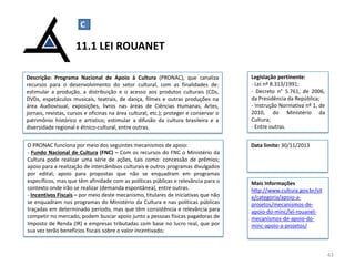 Legislação pertinente:
- Lei nº 8.313/1991;
- Decreto n° 5.761, de 2006,
da Presidência da República;
- Instrução Normativa nº 1, de
2010, do Ministério da
Cultura;
- Entre outras.
Data limite: 30/11/2013
Mais Informações
http://www.cultura.gov.br/sit
e/categoria/apoio-a-
projetos/mecanismos-de-
apoio-do-minc/lei-rouanet-
mecanismos-de-apoio-do-
minc-apoio-a-projetos/
Descrição: Programa Nacional de Apoio à Cultura (PRONAC), que canaliza
recursos para o desenvolvimento do setor cultural, com as finalidades de:
estimular a produção, a distribuição e o acesso aos produtos culturais (CDs,
DVDs, espetáculos musicais, teatrais, de dança, filmes e outras produções na
área Audiovisual, exposições, livros nas áreas de Ciências Humanas, Artes,
jornais, revistas, cursos e oficinas na área cultural, etc.); proteger e conservar o
patrimônio histórico e artístico; estimular a difusão da cultura brasileira e a
diversidade regional e étnico-cultural, entre outras.
O PRONAC funciona por meio dos seguintes mecanismos de apoio:
- Fundo Nacional de Cultura (FNC) – Com os recursos do FNC o Ministério da
Cultura pode realizar uma série de ações, tais como: concessão de prêmios;
apoio para a realização de intercâmbios culturais e outros programas divulgados
por edital; apoio para propostas que não se enquadram em programas
específicos, mas que têm afinidade com as políticas públicas e relevância para o
contexto onde irão se realizar (demanda espontânea), entre outras.
- Incentivos Fiscais – por meio deste mecanismo, titulares de iniciativas que não
se enquadram nos programas do Ministério da Cultura e nas políticas públicas
traçadas em determinado período, mas que têm consistência e relevância para
competir no mercado, podem buscar apoio junto a pessoas físicas pagadoras de
Imposto de Renda (IR) e empresas tributadas com base no lucro real, que por
sua vez terão benefícios fiscais sobre o valor incentivado;
11.1 LEI ROUANET
43
C
 