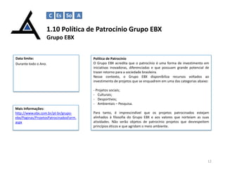 C Es So A

1.10 Política de Patrocínio Grupo EBX
Grupo EBX

Data limite:
Durante todo o Ano.

Política de Patrocínio
O Grupo EBX acredita que o patrocínio é uma forma de investimento em
iniciativas inovadoras, diferenciadas e que possuam grande potencial de
trazer retorno para a sociedade brasileira.
Nesse contexto, o Grupo EBX disponibiliza recursos voltados ao
investimento de projetos que se enquadrem em uma das categorias abaixo:
- Projetos sociais;
- Culturais;
- Desportivos;
- Ambientais – Pesquisa.

Mais Informações:
http://www.ebx.com.br/pt-br/grupoebx/Paginas/ProjetosPatrocinadosForm.
aspx

Para tanto, é imprescindível que os projetos patrocinados estejam
alinhados à filosofia do Grupo EBX e aos valores que norteiam as suas
atividades. Não serão objetos de patrocínio projetos que desrespeitem
princípios éticos e que agridam o meio ambiente.

12

 