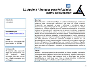 DH

6.1 Apoio a Albergues para Refugiados
SICONV 3000020130099
Data limite:
31/12/2013

Mais Informações
http://www.convenios.gov.br

Anexos
O programa em questão não
possui anexos no SICONV.

Contrapartida
O sistema não apresenta
regras de contrapartida para
este
programa,
sendo
necessário entrar em contato
com o órgão responsável para
verificação.

Descrição
Apoiar refugiados e solicitantes de refúgio, no que diz respeito à proteção, assistência e
integração local, possibilitando reestruturar suas vidas em nossa sociedade,
fortalecendo sua capacidade de auto - suficiência , contribuindo para o
desenvolvimento pessoal e projeto de vida, garantindo a promoção dos seus direitos
fundamentais. Finalidade das ações: Proteção: auxiliar na consolidação de um processo
solidário de integração local; ampliara a rede de apoio e proteção aos refugiados e
solicitantes, disseminando o espírito humanitário e cooperativo junto às diversas
esferas de atuação da sociedade civil; Assistência: prestar assistência para subsistência
a solicitantes de refúgio e refugiados, corroborando para um melhor processo de
adaptação; promover a implementação de um programa de apoio psicológico e social,
nas áreas preventiva e terapêutica; promover e facilitar os trâmites para um
acompanhamento jurídico quando necessário, esclarecendo os estrangeiros sobre seus
diretos e obrigações no País; Integração local: criar espaço de acolhida para refugiados
e solicitantes de refúgio, garantindo moradia por tempo determinado; contribuir para a
auto - suficiência dos refugiados e solicitantes por meio da expansão dos sistema de
parcerias.

Objeto
Atender e apoiar refugiados (as) e solicitantes de refúgio (homens e mulheres
de todas as idades) visando proporcionar acolhimento, assistência e proteção
legal, bem como facilitar sua integração local no Brasil para que tenham
possibilidades de reestruturar suas vidas em nossa sociedade, contribuindo
para a proteção e promoção de seus direitos fundamentais.

36

 