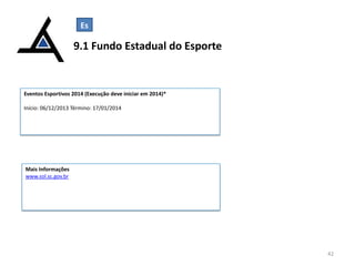 Es

9.1 Fundo Estadual do Esporte

Eventos Esportivos 2014 (Execução deve iniciar em 2014)*
Início: 06/12/2013 Término: 17/01/2014

Mais Informações
www.sol.sc.gov.br

42

 