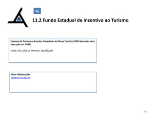 Tu

11.2 Fundo Estadual de Incentivo ao Turismo

Eventos do Turismo e Eventos Geradores de Fluxo Turístico 2014 (eventos com
execução em 2014)
Início: 04/12/2013 Término: 28/02/2014

Mais Informações
www.sol.sc.gov.br

49

 