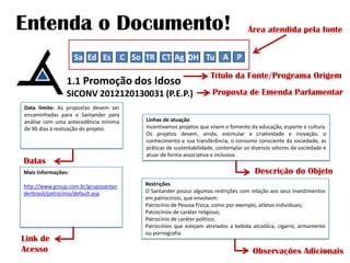Entenda o Documento!
Sa Ed Es

C So TR CT Ag DH Tu A P

1.1 Promoção dos Idoso
SICONV 2012120130031 (P.E.P.)
Data limite: As propostas devem ser
encaminhadas para o Santander para
análise com uma antecedência mínima
de 90 dias à realização do projeto.

Datas
Mais Informações:
http://www.group.com.br/gruposantan
derbrasil/patrocinio/default.asp

Link de
Acesso

Área atendida pela fonte

Título da Fonte/Programa Origem
Proposta de Emenda Parlamentar

Linhas de atuação
Incentivamos projetos que visem o fomento da educação, esporte e cultura.
Os projetos devem, ainda, estimular a criatividade e inovação, o
conhecimento e sua transferência, o consumo consciente da sociedade, as
práticas de sustentabilidade, contemplar os diversos setores da sociedade e
atuar de forma associativa e inclusiva.

Descrição do Objeto
Restrições
O Santander possui algumas restrições com relação aos seus investimentos
em patrocínios, que envolvem:
Patrocínio de Pessoa Física, como por exemplo, atletas individuais;
Patrocínios de caráter religioso;
Patrocínio de caráter político;
Patrocínios que estejam atrelados a bebida alcoólica, cigarro, armamento
ou pornografia.
52
Observações Adicionais

 